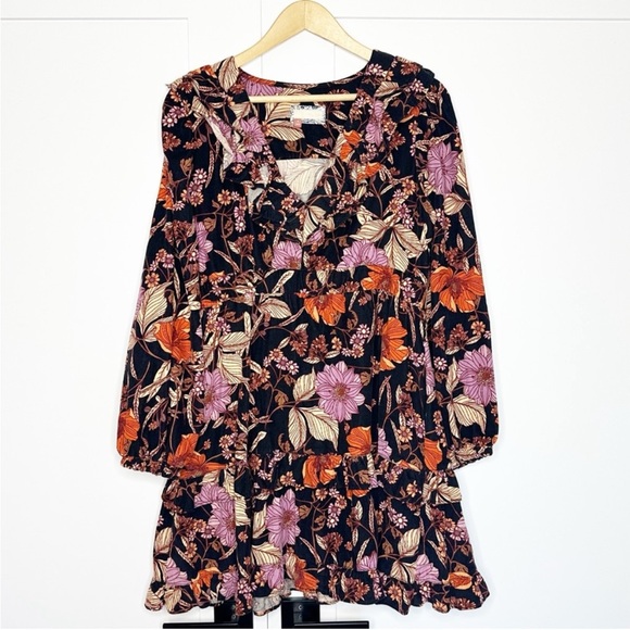 PILCRO TIERED CORDUROY RUFFLED FLORAL BOHO MINI DRESS medium BLACK long sleeve - Picture 7 of 15